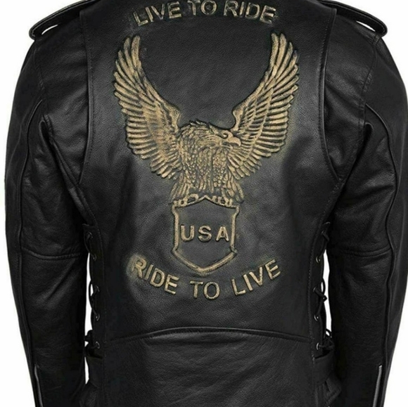 Men's "NEW" Leather Biker Jacket, Gold Eagle, "Live To Ride - Ride To Live" XL - Picture 3 of 4